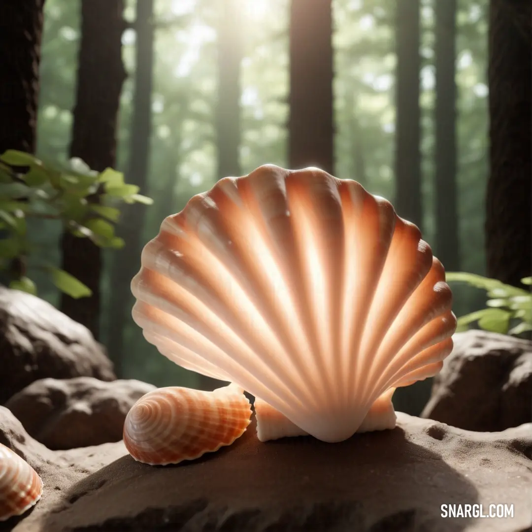 Shell is on a rock in the woods with a light shining on it and a few shells on the ground. Example of RGB 255,205,156 color.