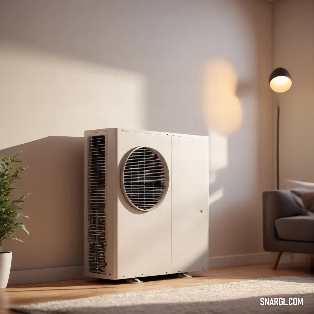 A pristine white air conditioner is elegantly positioned on a wooden floor beside a stylish couch and a lively potted plant, creating a balanced and harmonious interior scene infused with NCS S 1020-Y40R color.