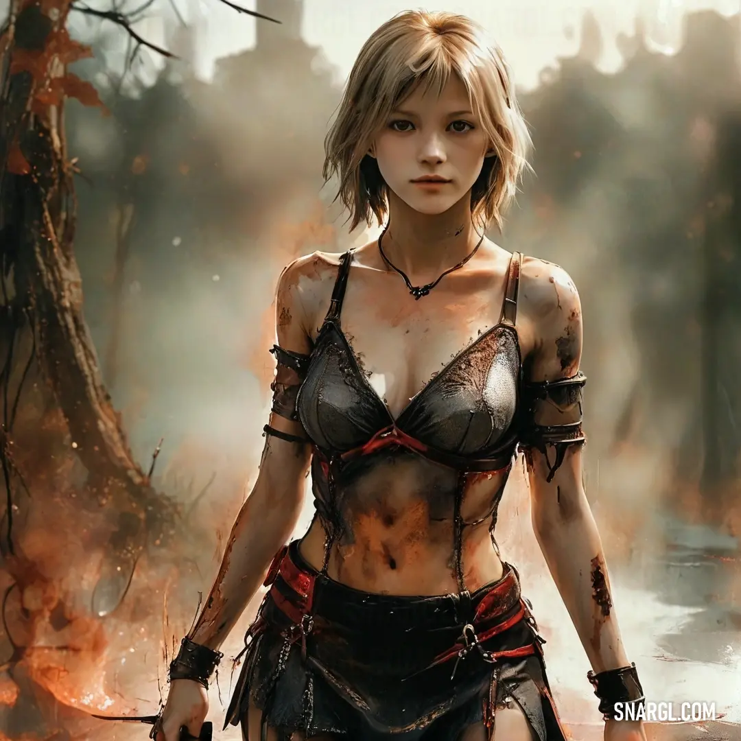 A courageous woman clad in a bra top stands amidst a fiery forest, gripping a knife with determination. The vibrant hues of flames dance behind her, contrasting with the earthy backdrop of tall trees, creating an intense and dramatic scene.