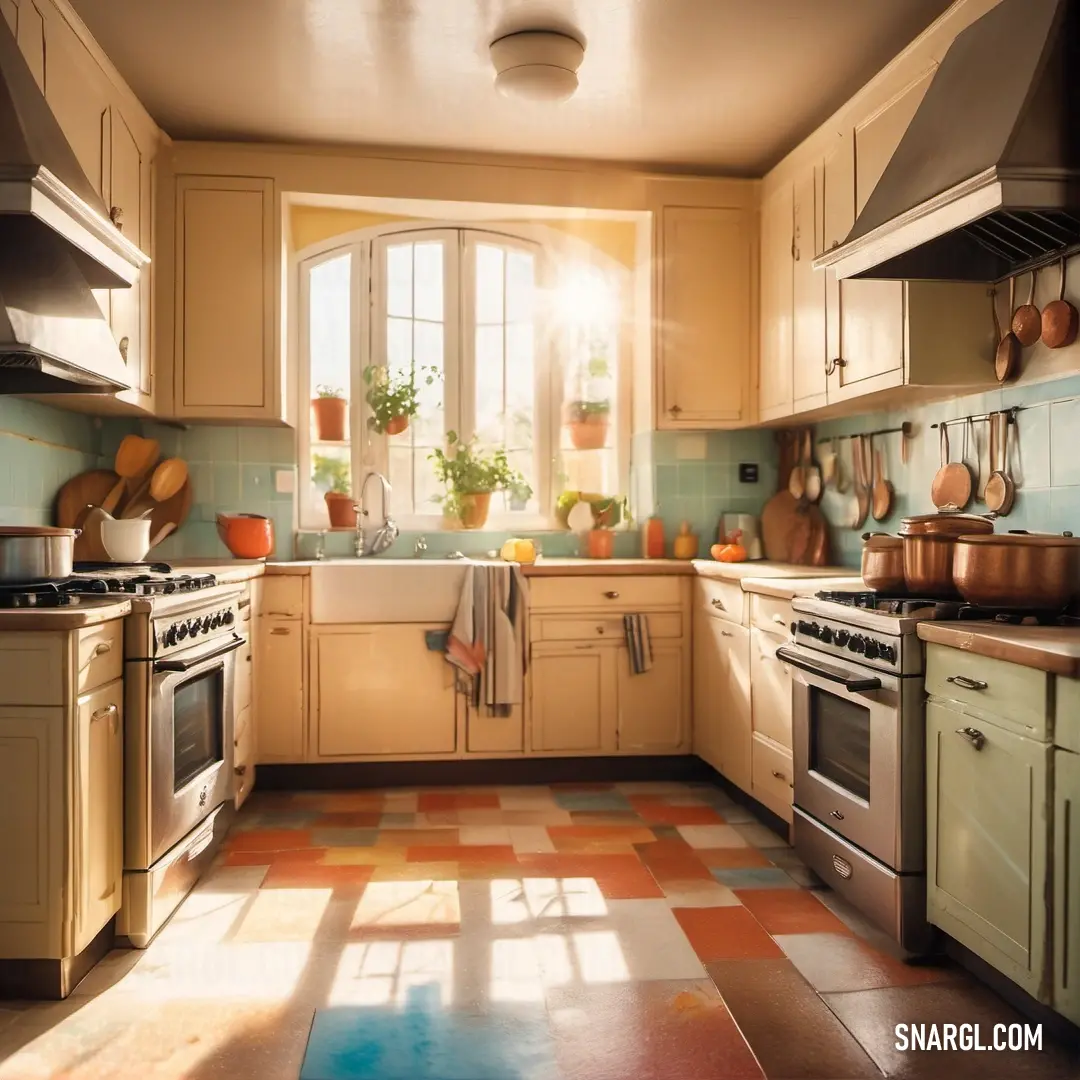 Kitchen with a checkered floor and a window with potted plants on it and pots on the stove. Example of RGB 255,206,161 color.