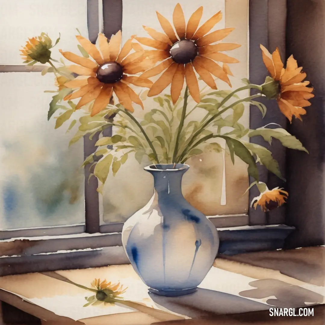Painting of a vase with sunflowers in it on a table next to a window sill. Example of CMYK 0,25,40,0 color.
