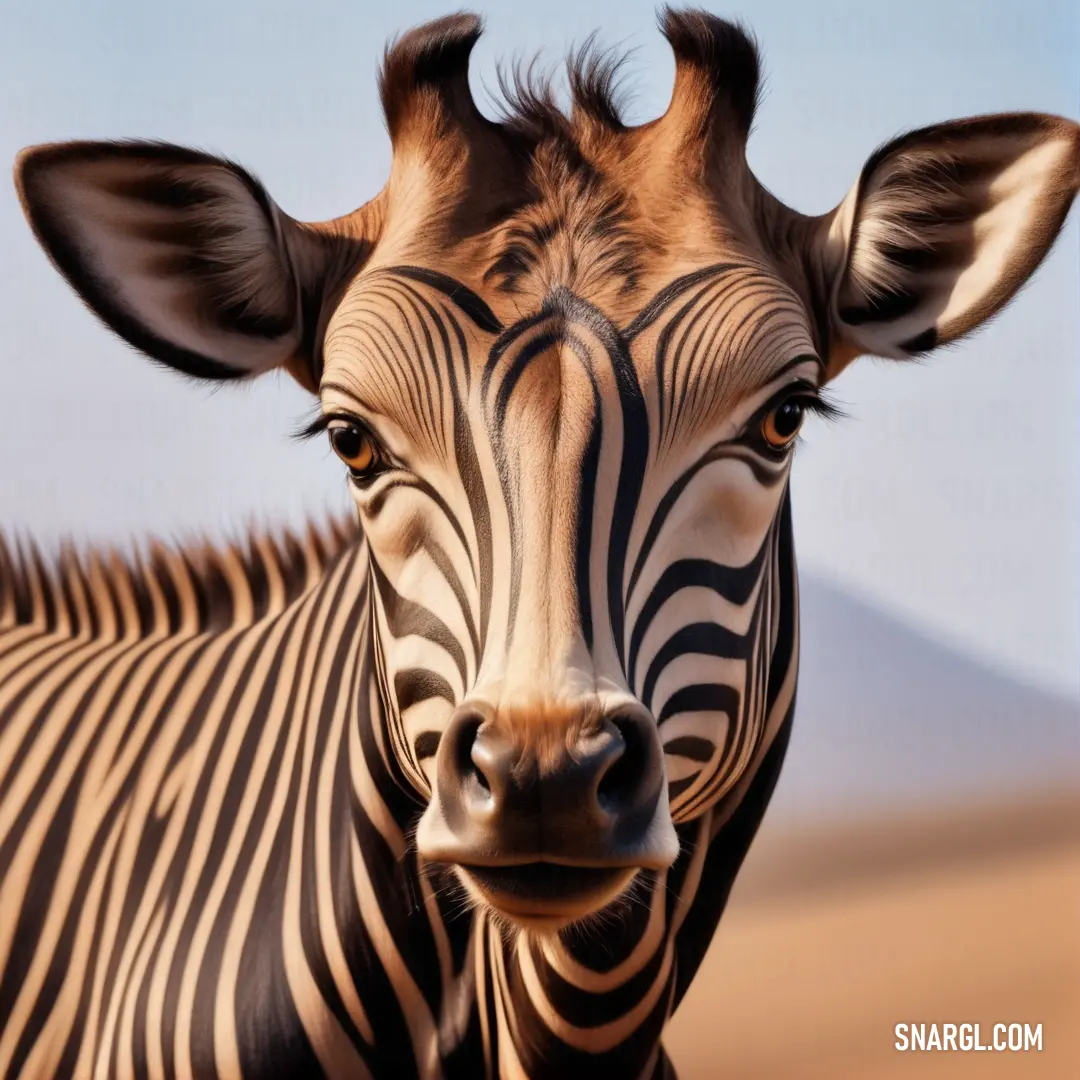 Zebra standing in the middle of a desert area with a sky background. Example of NCS S 1020-Y50R color.