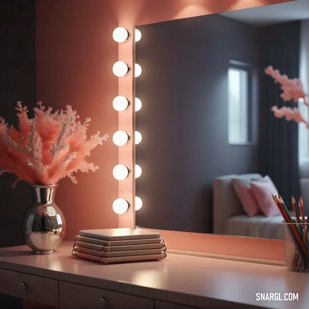 Mirror and a vase with flowers on a table with a mirror and a couch in the background. Example of RGB 255,196,157 color.