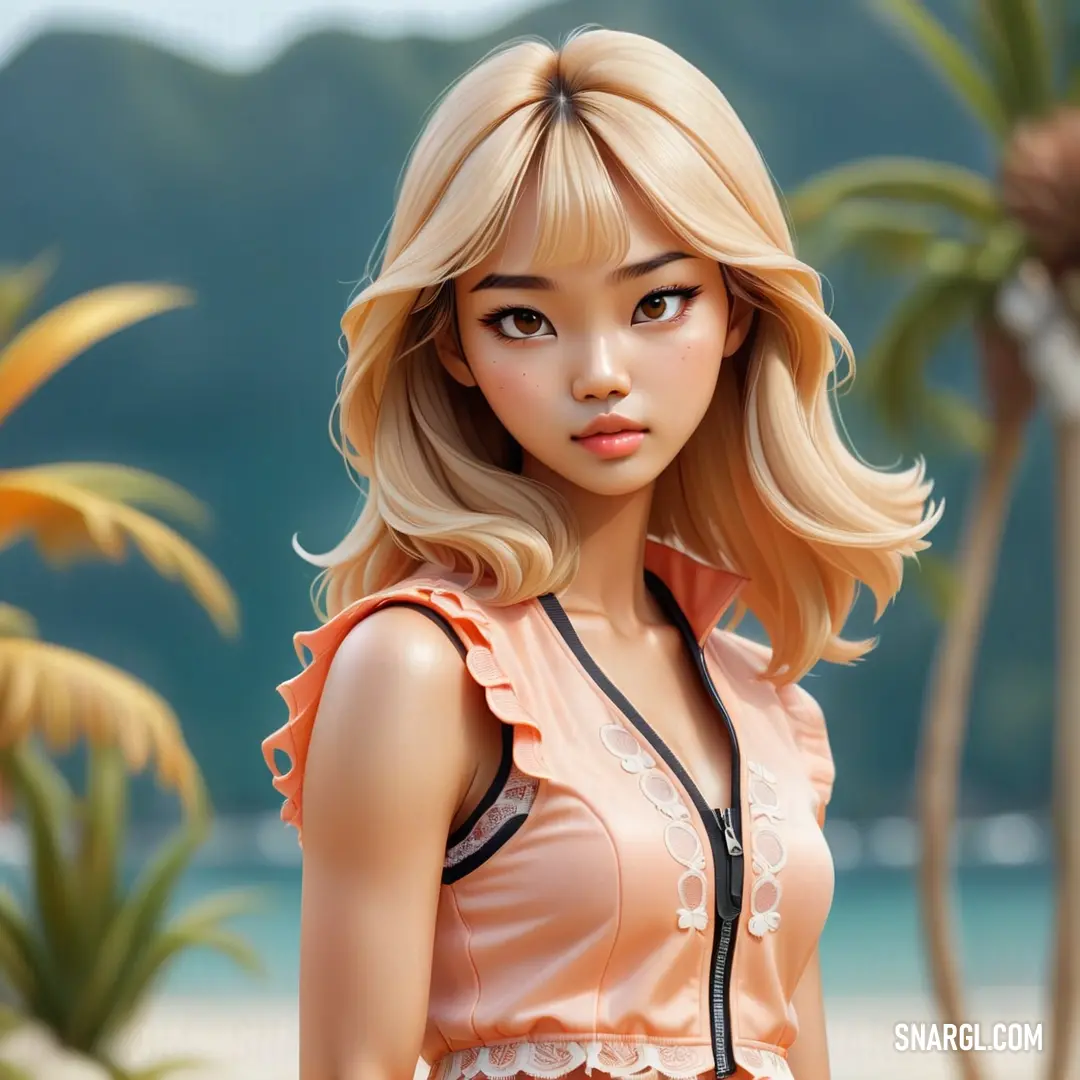 Cartoon girl with blonde hair and a pink top on a beach with palm trees in the background. Color #FFC49D.