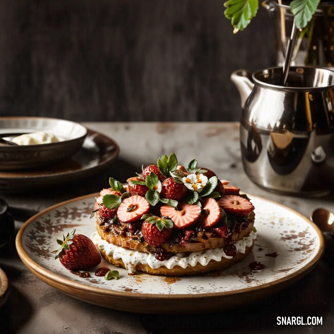 Plate with a cake covered in strawberries and whipped cream on top of it next to a silver tea pot. Color #FFC49D.