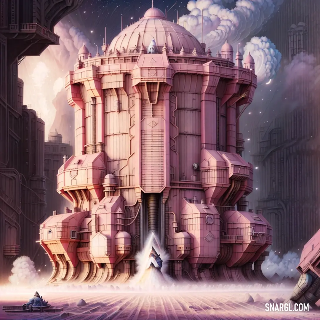NCS S 1020-Y70R color. Futuristic city with a giant pink building surrounded by smoke and steam rises from the ground