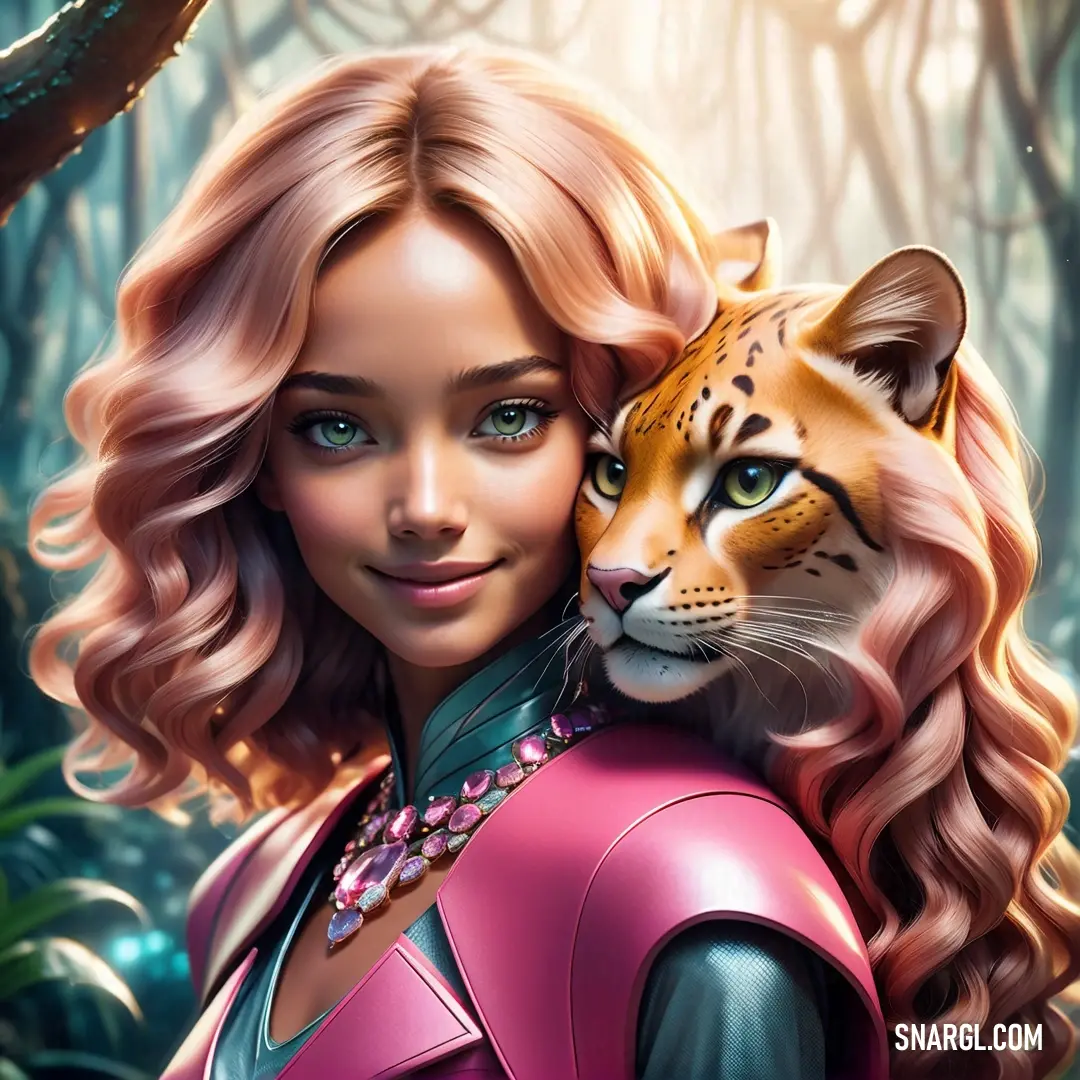 Woman in a pink dress holding a tiger in a forest with trees and bushes in the background. Color CMYK 0,32,33,0.