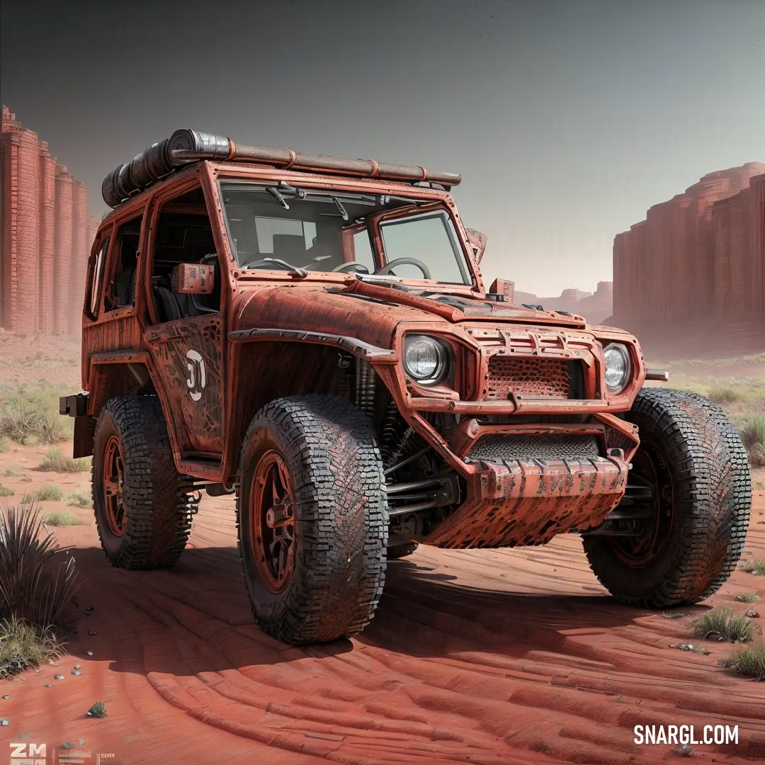 NCS S 1020-Y70R color example: Red jeep is driving through the desert in a desert landscape with a red rock formation in the background