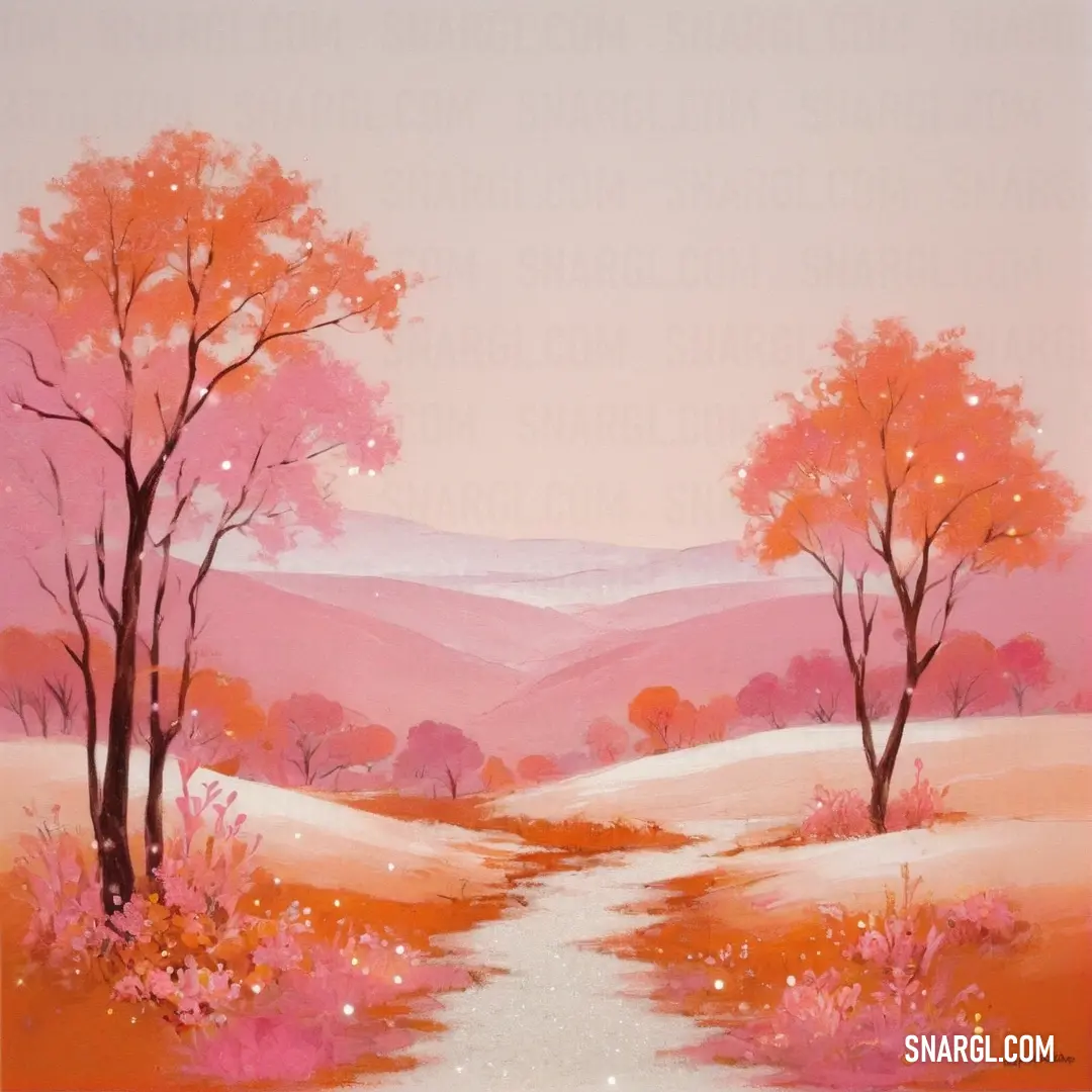 Painting of a pink landscape with trees and a stream in the foreground. Example of CMYK 0,29,27,0 color.