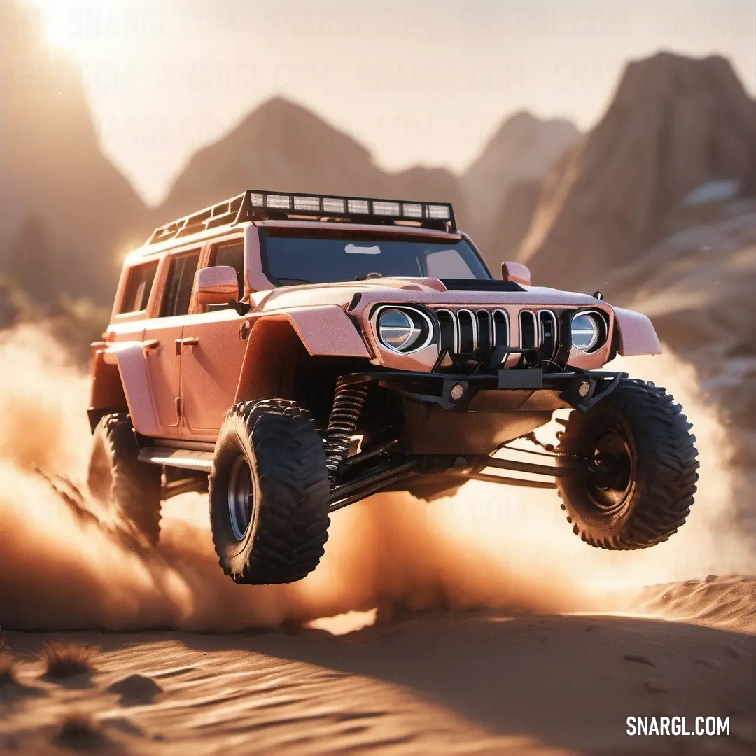 Pink jeep driving through the desert with dust coming off the tires and wheels on it's wheels. Example of RGB 255,200,179 color.