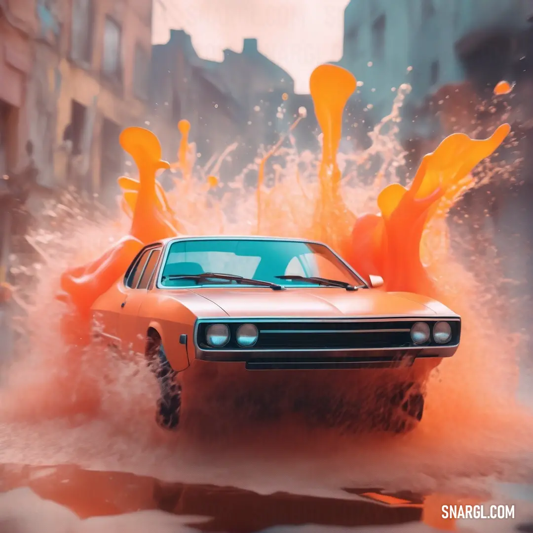 Car is driving through a puddle of orange liquid in the street, with buildings in the background. Color NCS S 1020-Y90R.