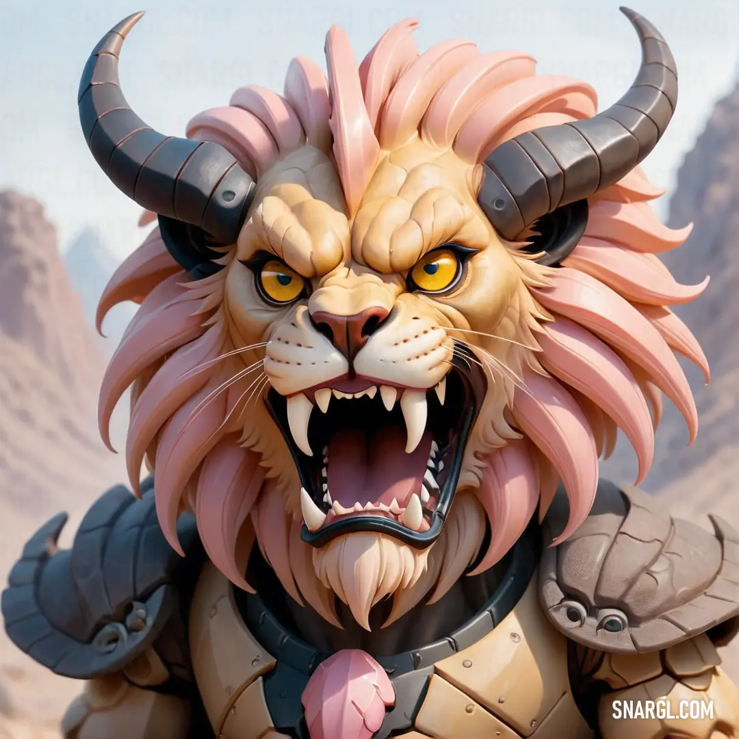 Close up of a statue of a lion with horns and a large mouth with a huge grin on it. Color #FFC7B9.