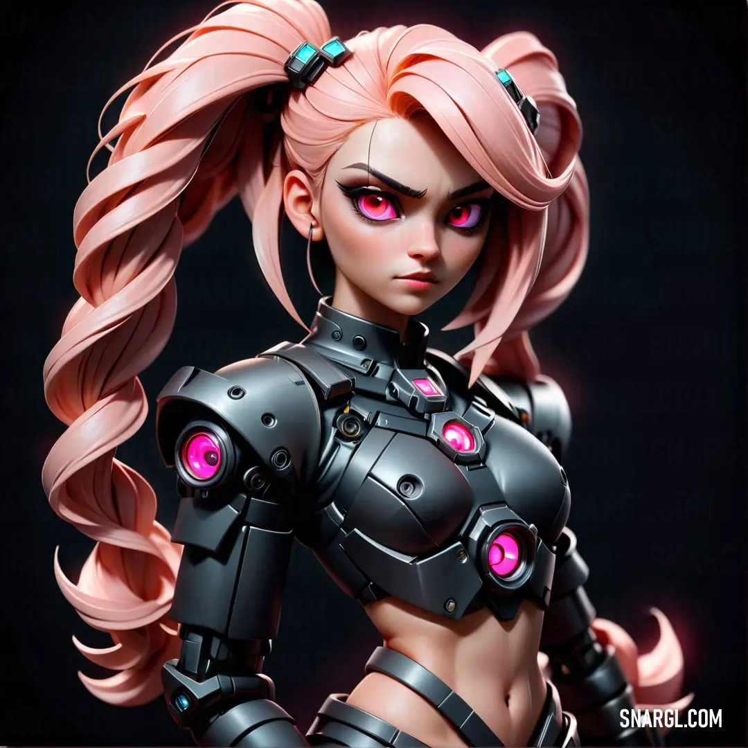 Woman with pink hair and pink eyes wearing a futuristic outfit and pink hair with pink eyes. Color RGB 255,199,185.