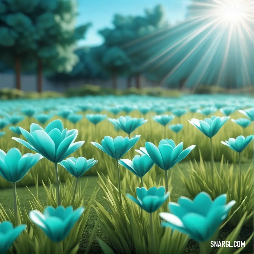 Field of blue flowers with the sun shining in the background. Color #9BE2E0.