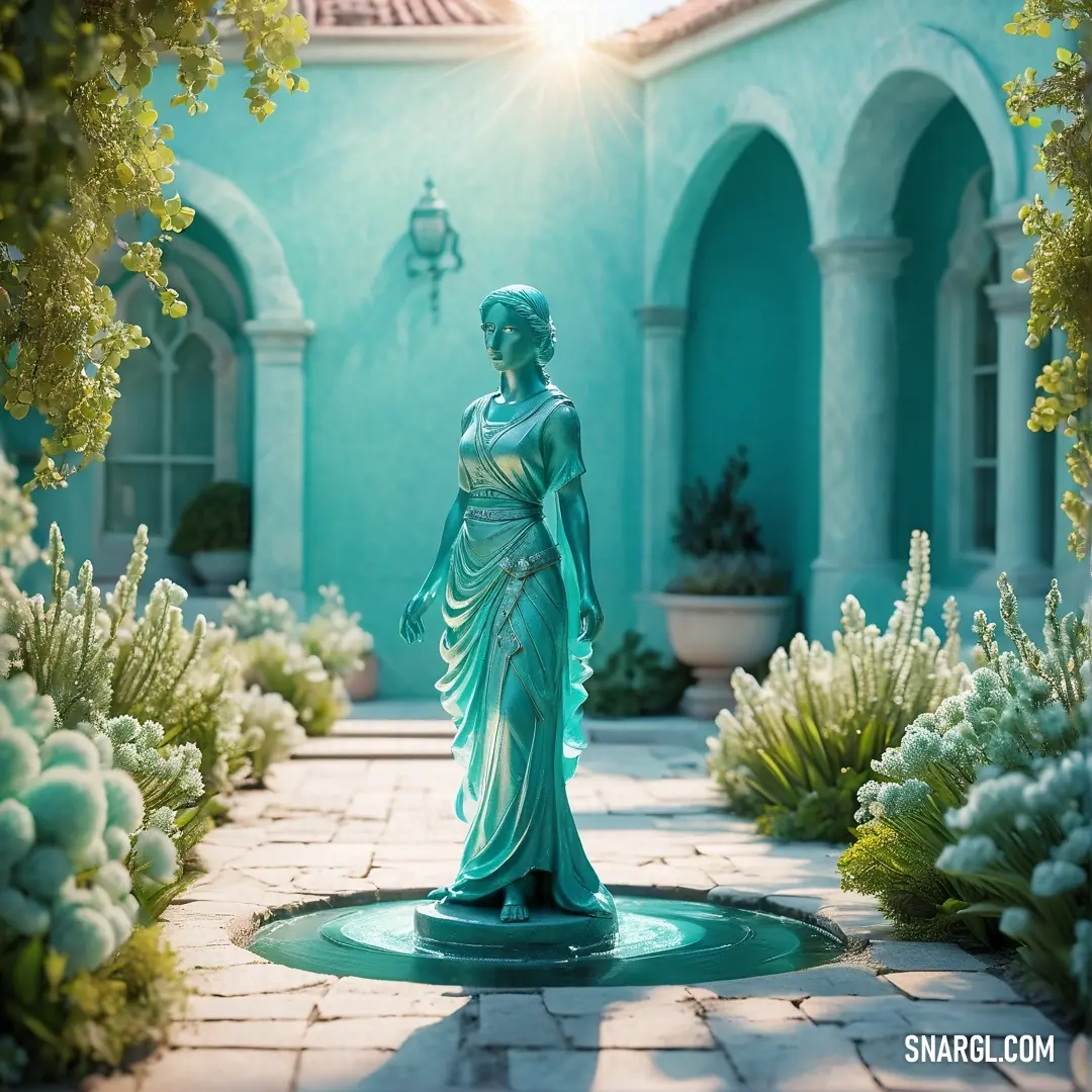 Statue of a woman in a garden setting with a fountain in front of a building with arches. Example of RGB 155,226,224 color.