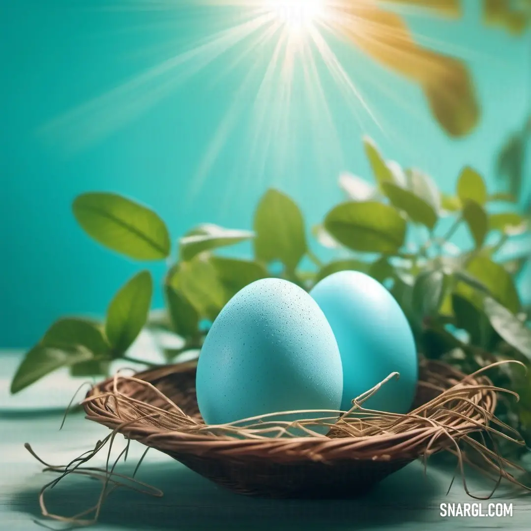 Two blue eggs in a nest on a table with a green plant and sun shining in the background. Color RGB 155,226,224.