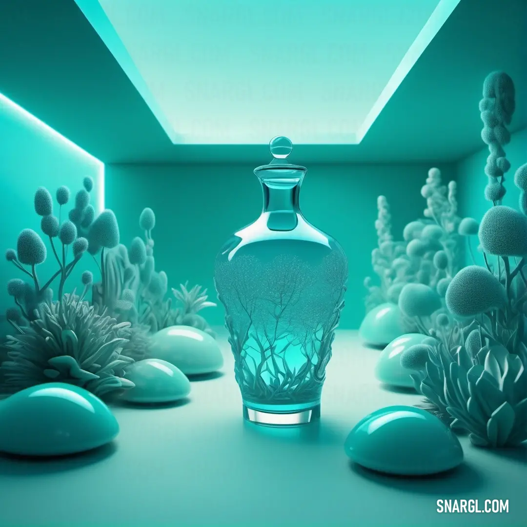 Vase on top of a table next to a bunch of plants and rocks in a room filled with blue lights. Example of RGB 155,226,224 color.
