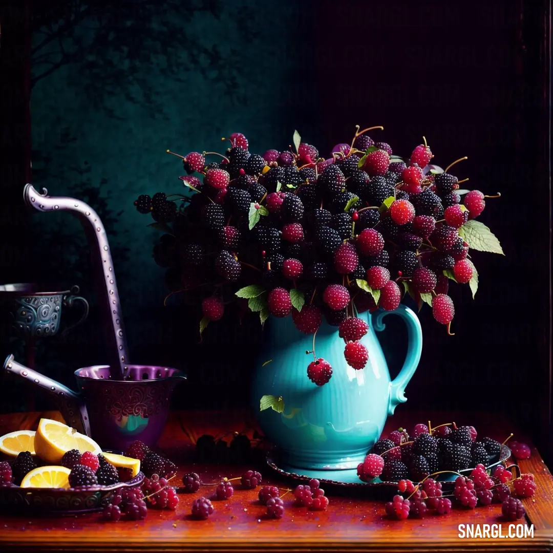 Blue vase filled with berries and lemons on a table next to a cup of tea and a strainer. Color #A8E8E1.