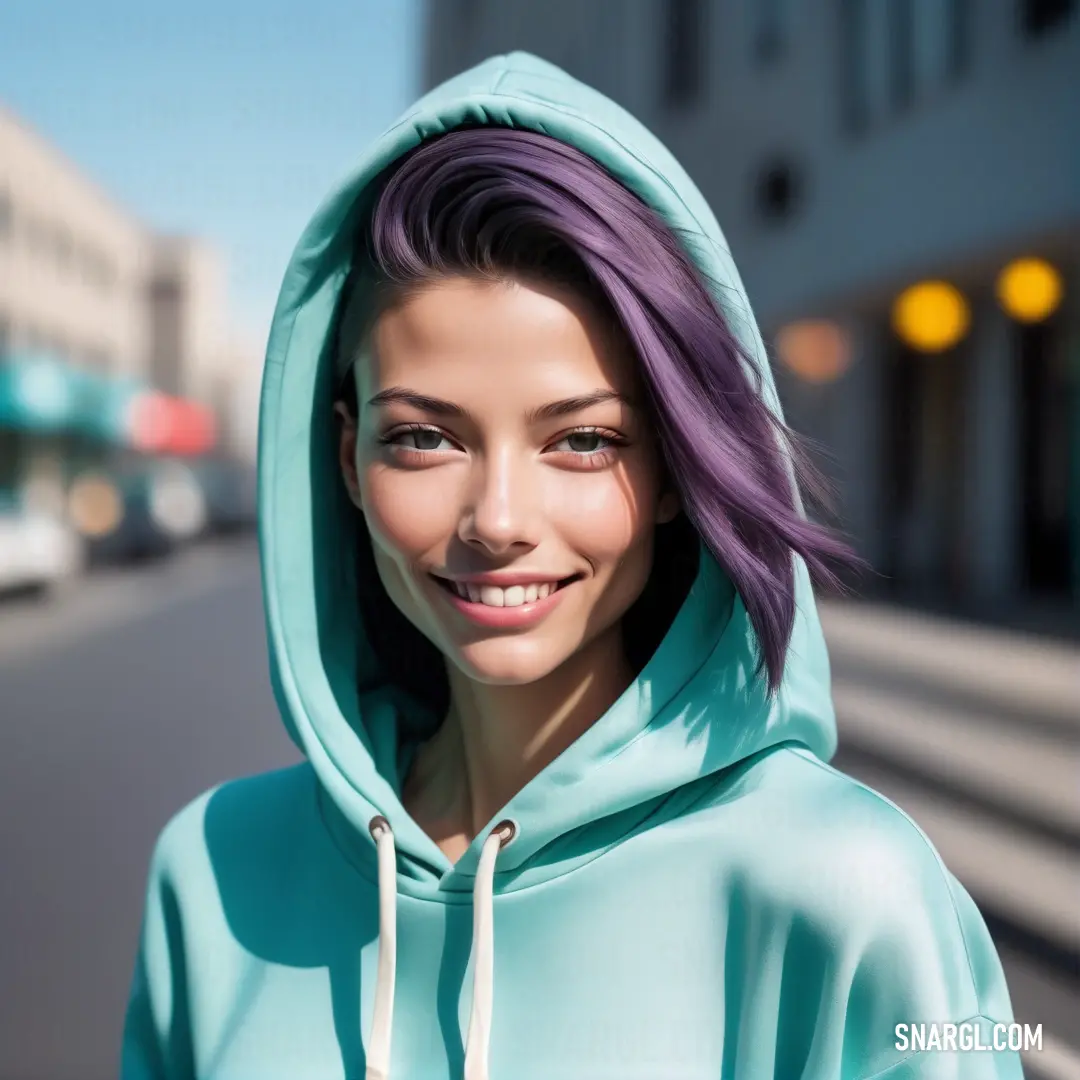 Woman with purple hair and a blue hoodie smiling at the camera with a city street in the background. Example of NCS S 1030-B40G color.