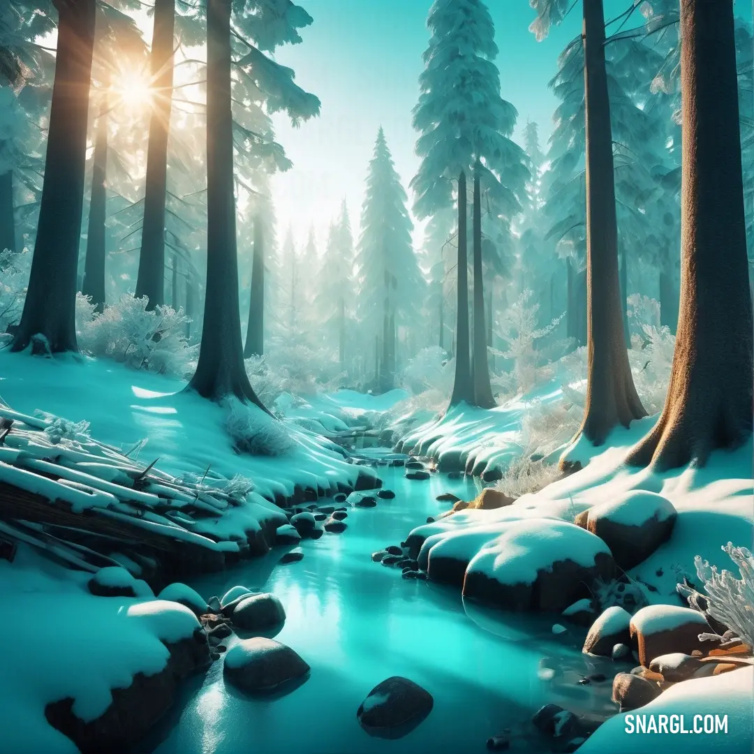 Painting of a stream in a snowy forest with snow on the ground and trees in the background. Color CMYK 45,0,21,0.