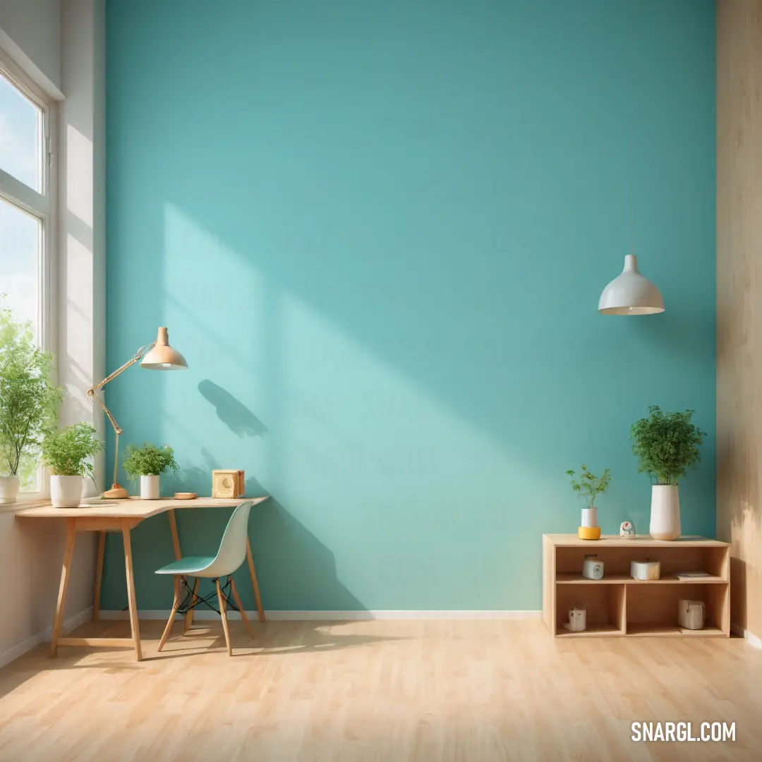 Room with a desk, chair and a window with a blue wall in the background. Color CMYK 45,0,21,0.