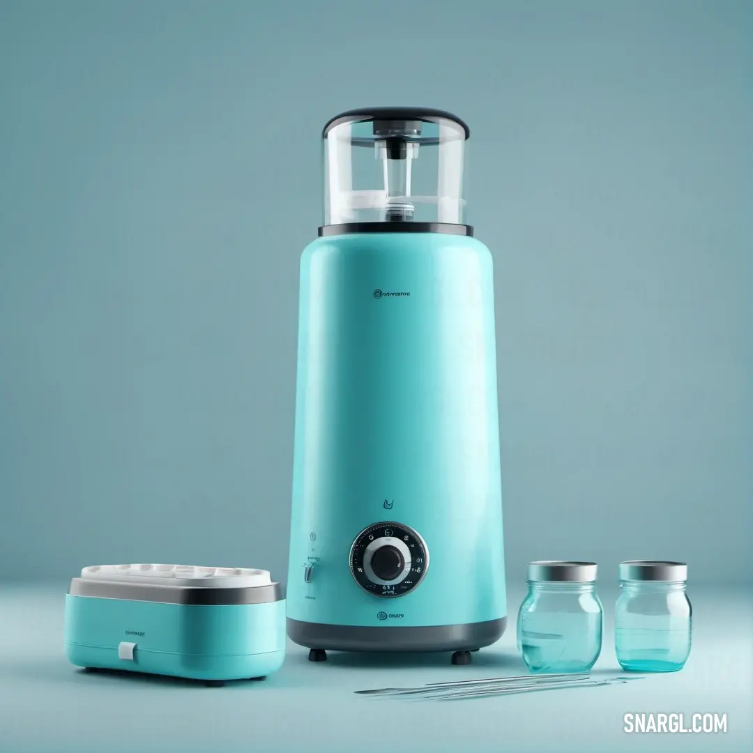 NCS S 1030-B50G color example: Blue blender with a glass jar and a pair of scissors on a table next to it and a jar with a spoon