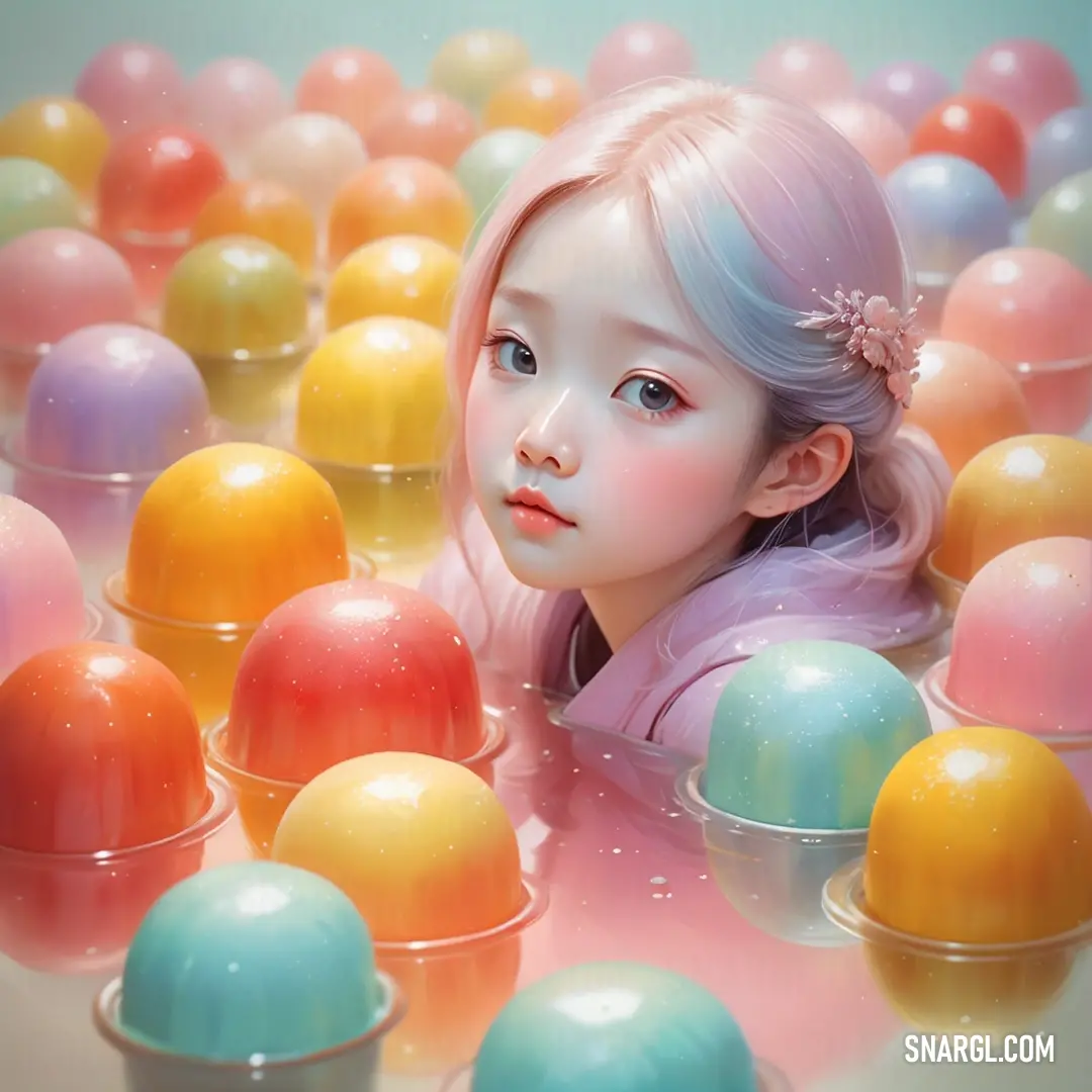 Girl in a pool of eggs with a pink hair and blue eyes is surrounded by many colored eggs. Color RGB 167,232,222.