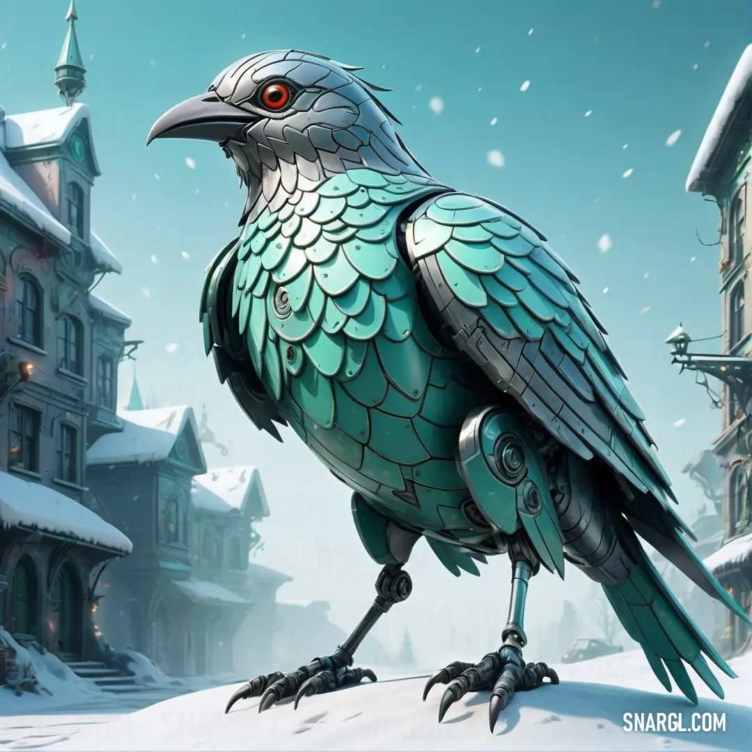 Bird is standing on a snowy hill in front of a house and a clock tower in the background. Color NCS S 1030-B50G.