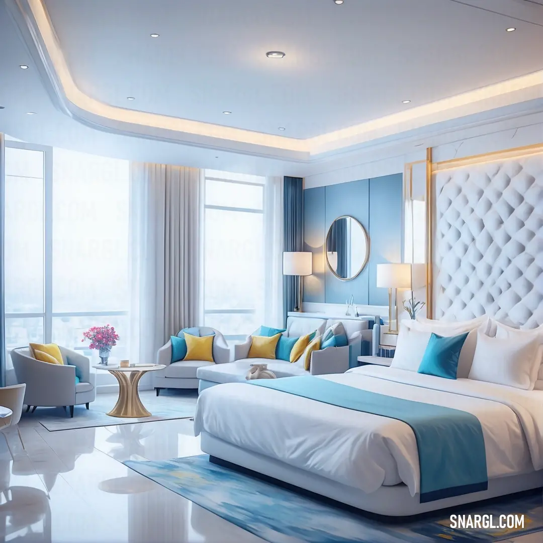 A cozy bedroom boasting a spacious bed, adorned with soft linens, complemented by a large window that offers a captivating view of the city's skyline. The inviting colors and details create a perfect retreat for relaxation and comfort.