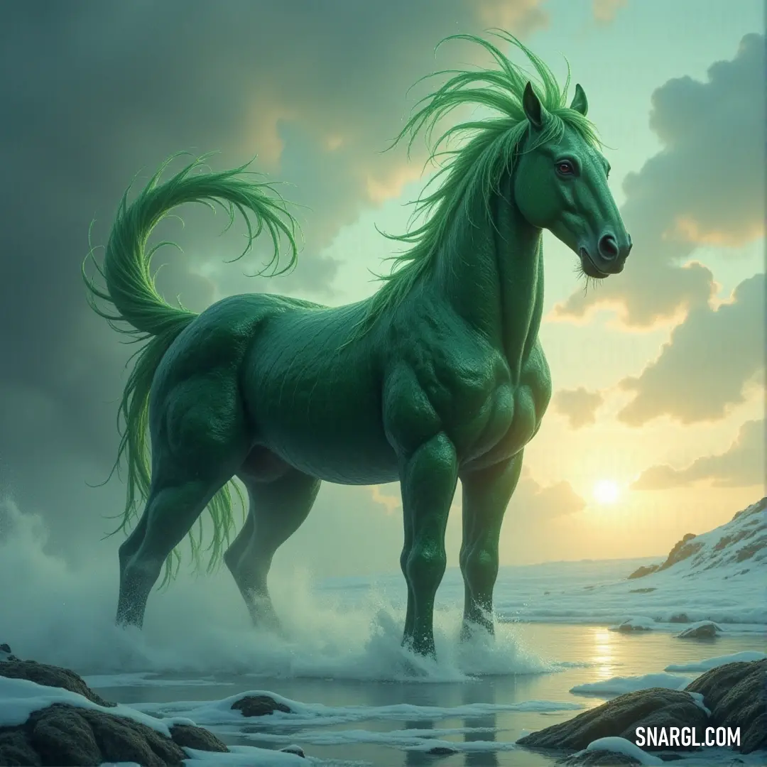 A stunning green horse stands boldly on a sandy beach at sunset, its silhouette framed by vibrant clouds and the soft waves of the ocean, merging the tranquil beauty of nature with stunning colors.