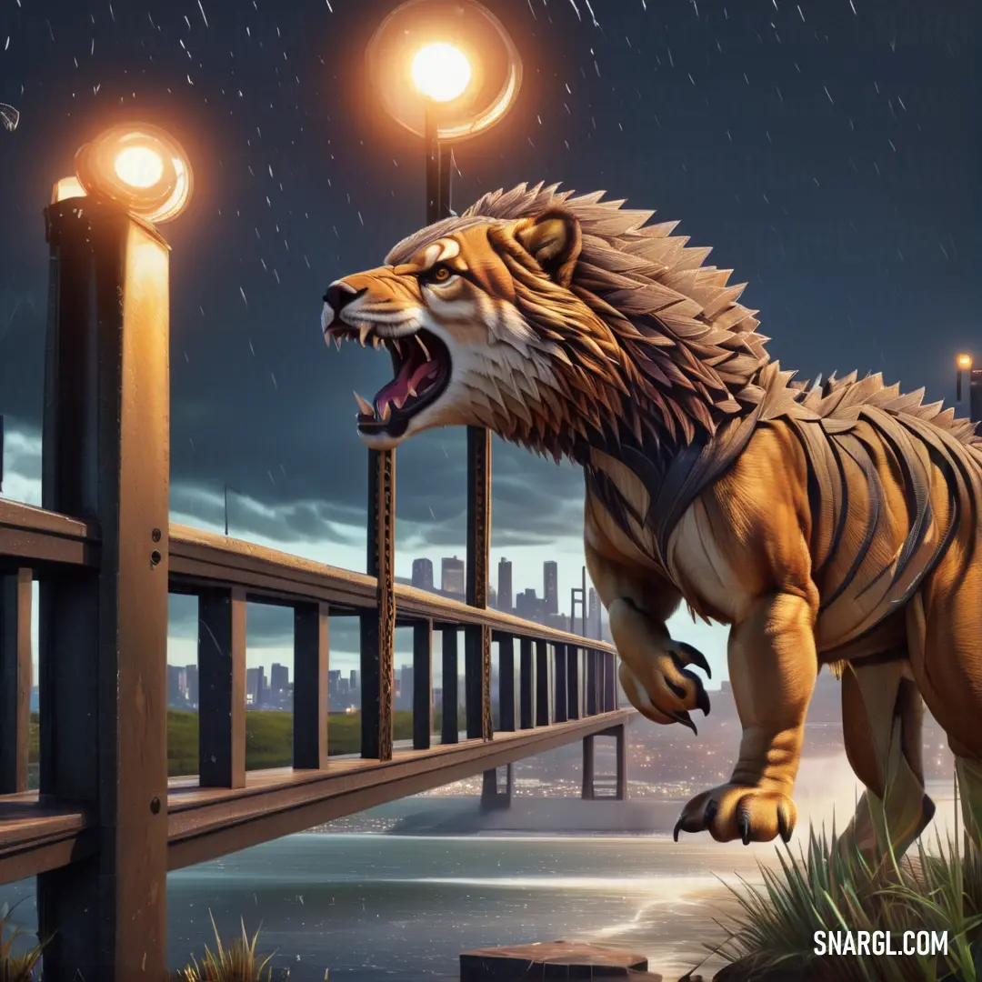 A majestic large animal strides gracefully across a nighttime bridge, with a stunning city skyline in the background. The moonlight reflects off its majestic form, highlighting the harmony between nature and urban life in a captivating blend of tranquilit