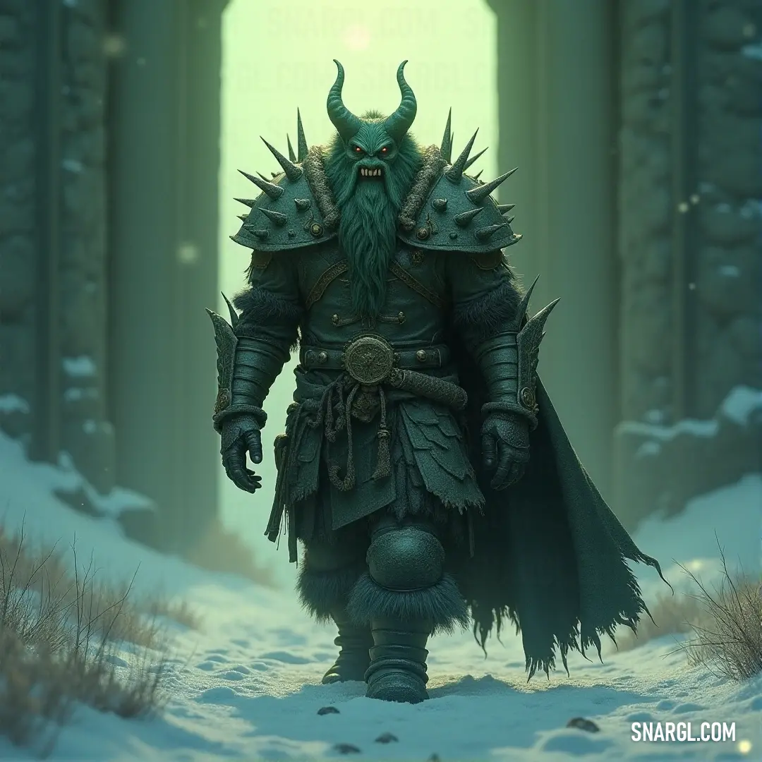 A striking man clad in a vivid green outfit, embellished with playful horns, traverses a snowy landscape, where beams of soft light break through a doorway, creating an awe-inspiring sense of adventure.