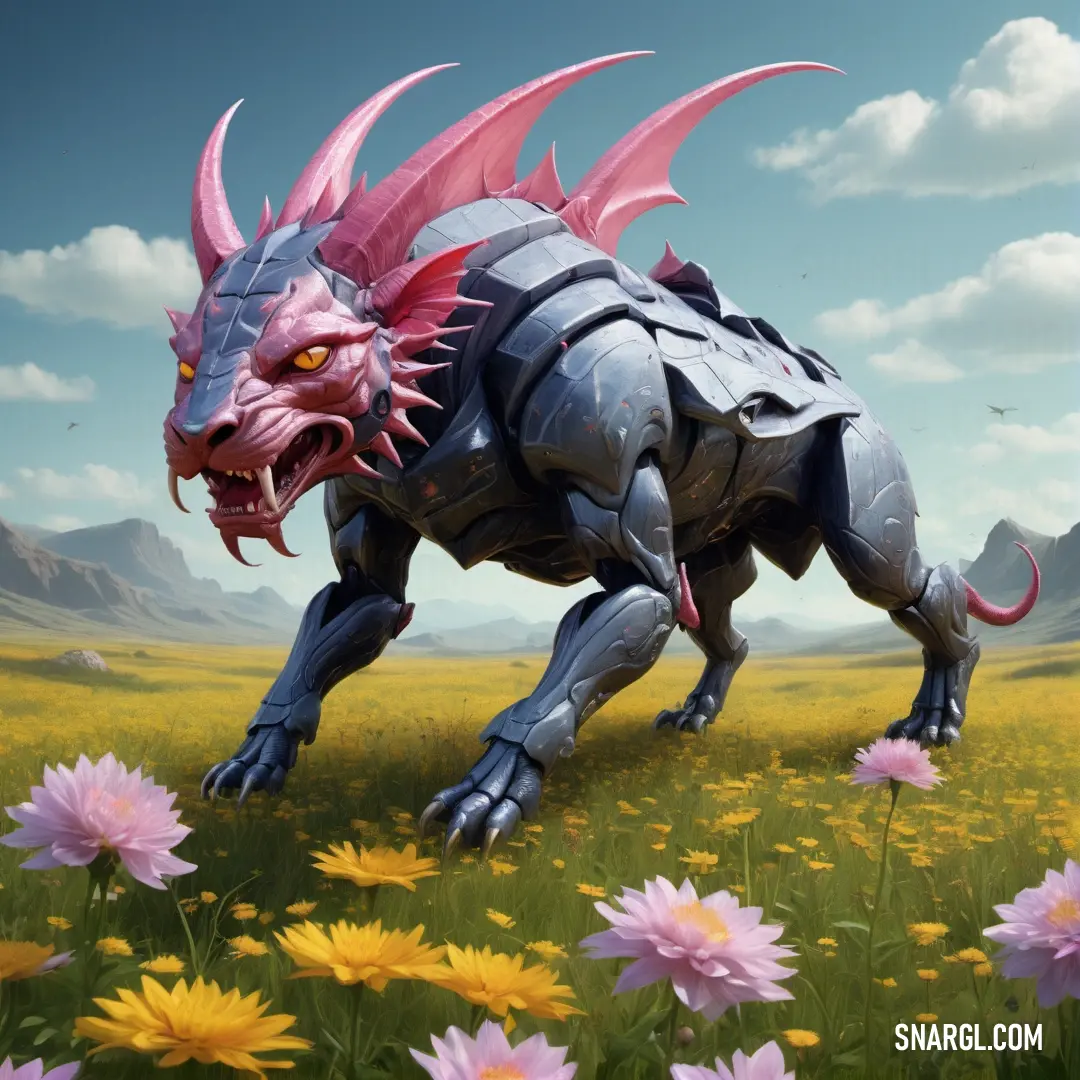 A dragon-like creature roams through a vibrant field of flowers, with mountains rising majestically in the distance. The stunning CMYK 43,0,29,0 colors complement the surreal, dreamlike beauty of the creature and its surroundings.