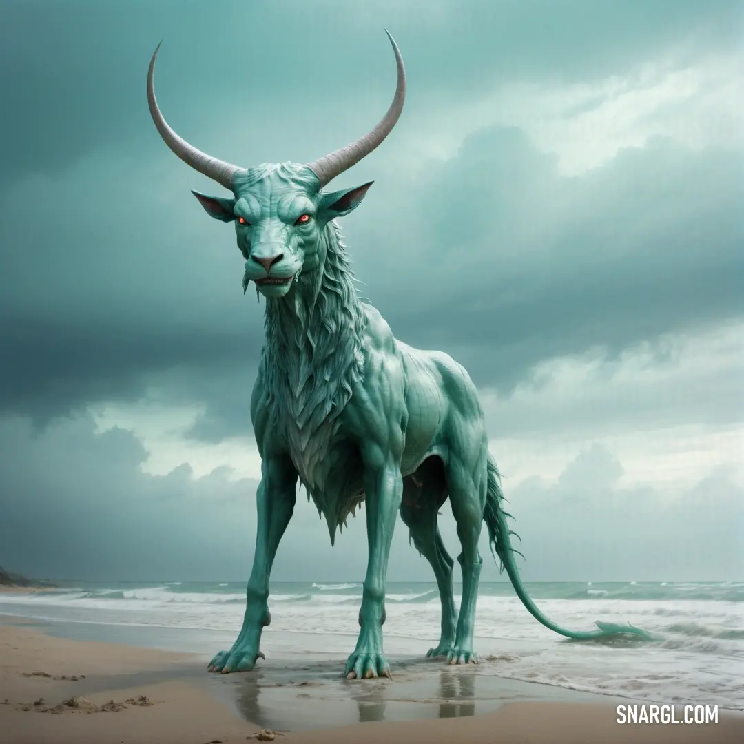 Green horned animal standing on a beach next to the ocean under a cloudy sky. Color RGB 175,235,214.