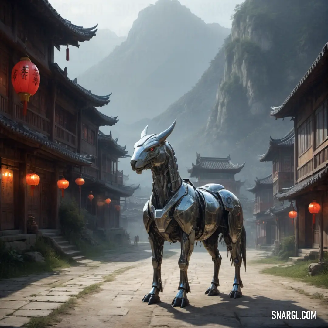 A beautifully crafted horse statue stands proudly in a traditional Chinese village, with lanterns lighting the way and mountain peaks rising in the distance. The NCS S 1030-B70G color ties the scene together with a mystical aura.