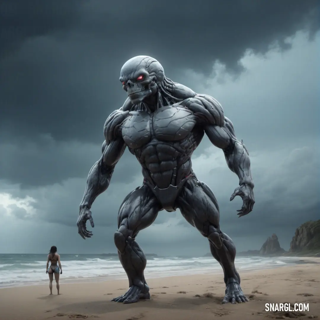 A man stands on a sandy beach beside a colossal alien creature, while a woman looks on. The cloudy sky and the dramatic scene are enhanced by the rich tones of the NCS S 1030-B70G color, bringing the surreal moment to life.