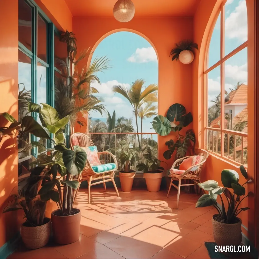 An inviting room filled with lush greenery and vibrant plants, bathed in natural light pouring through a large window that frames a stunning view of the ocean and swaying palm trees. A serene oasis combining comfort and nature's beauty.