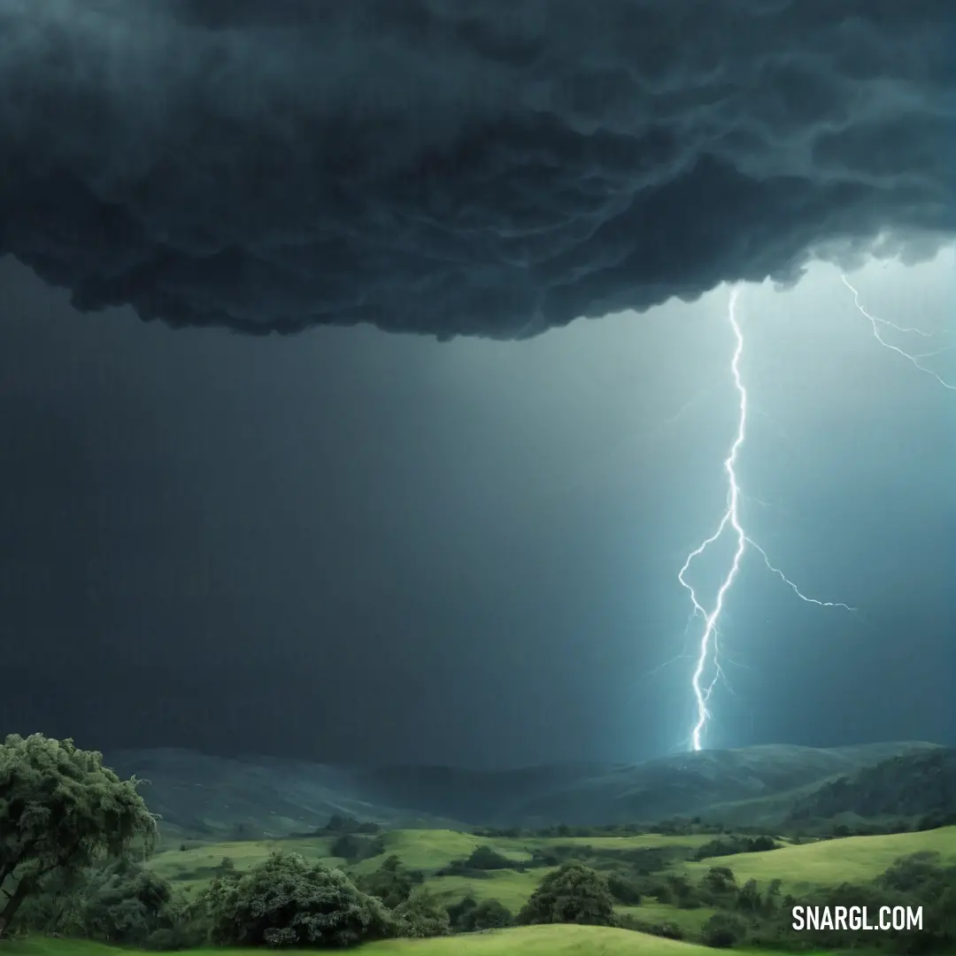 A dramatic storm looms over a lush green field, enhanced by vibrant trees and a darkening sky. Large clouds roll in, creating a poignant contrast of peace and turbulence, showcasing nature's raw beauty and the awe-inspiring power of the elements.