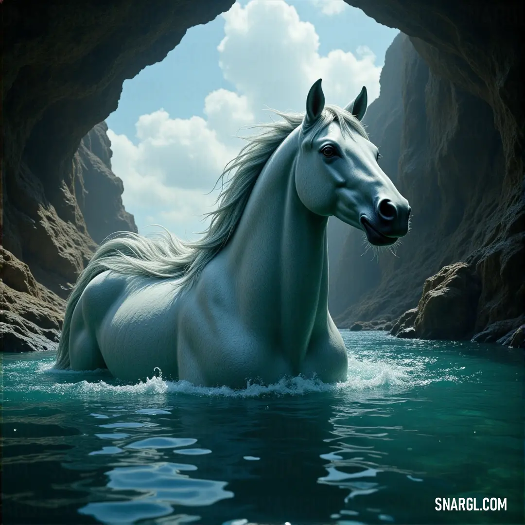 A beautiful white horse swims gracefully through the waters of a mystical cave, its silhouette contrasting against a brilliantly painted sky backdrop, stirring curiosity about the wonders that lie beyond.