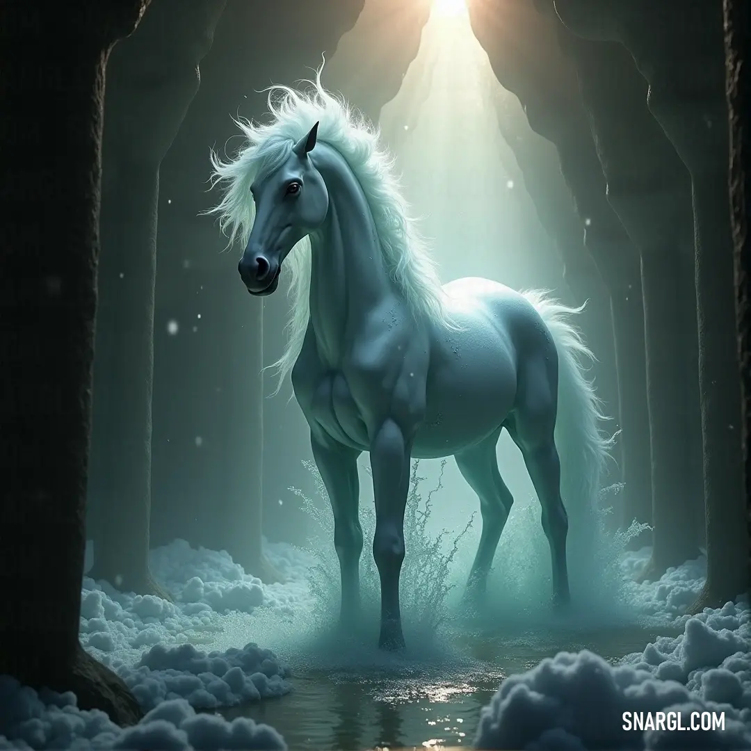 A graceful white horse stands amidst a tranquil forest, the ground blanketed in soft snow while gentle rays of light highlight its beautiful form, creating a serene and magical winter scene.