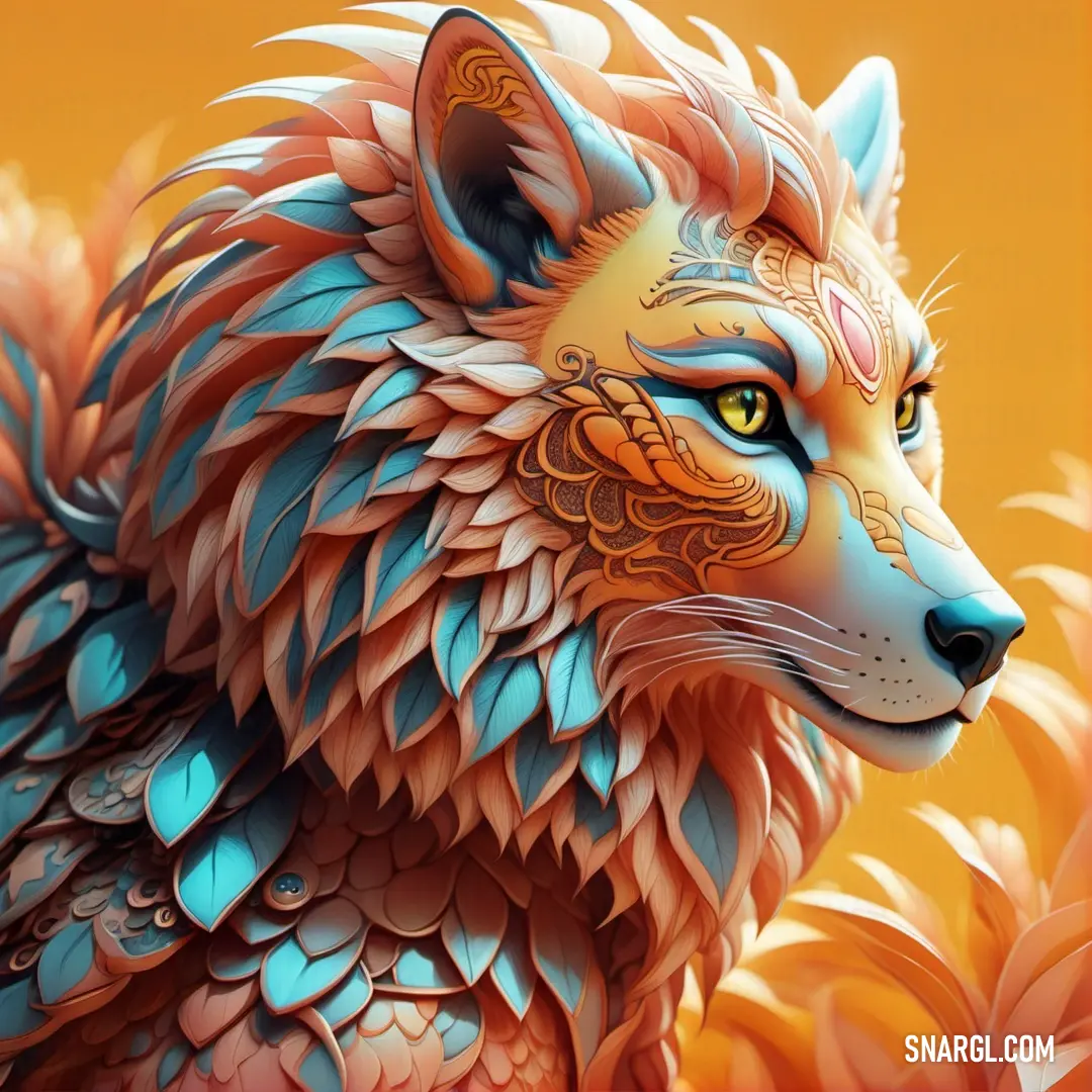 A breathtaking painting showcases a striking wolf adorned with bold blue and orange patterns on its face and tail, set against a vibrant yellow background. The artwork captures the spirit of the wild, infusing energy and emotion into a harmonious embodime