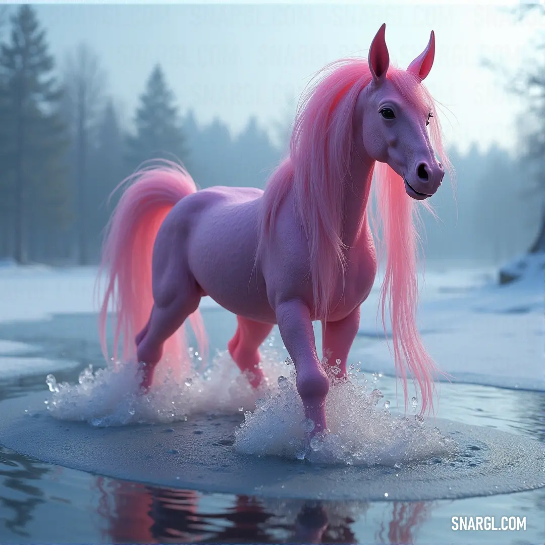 A charming pink horse stands elegantly atop a glimmering body of water, framed by lush green trees, evoking an ethereal quality as it reflects the vibrant colors of nature all around.