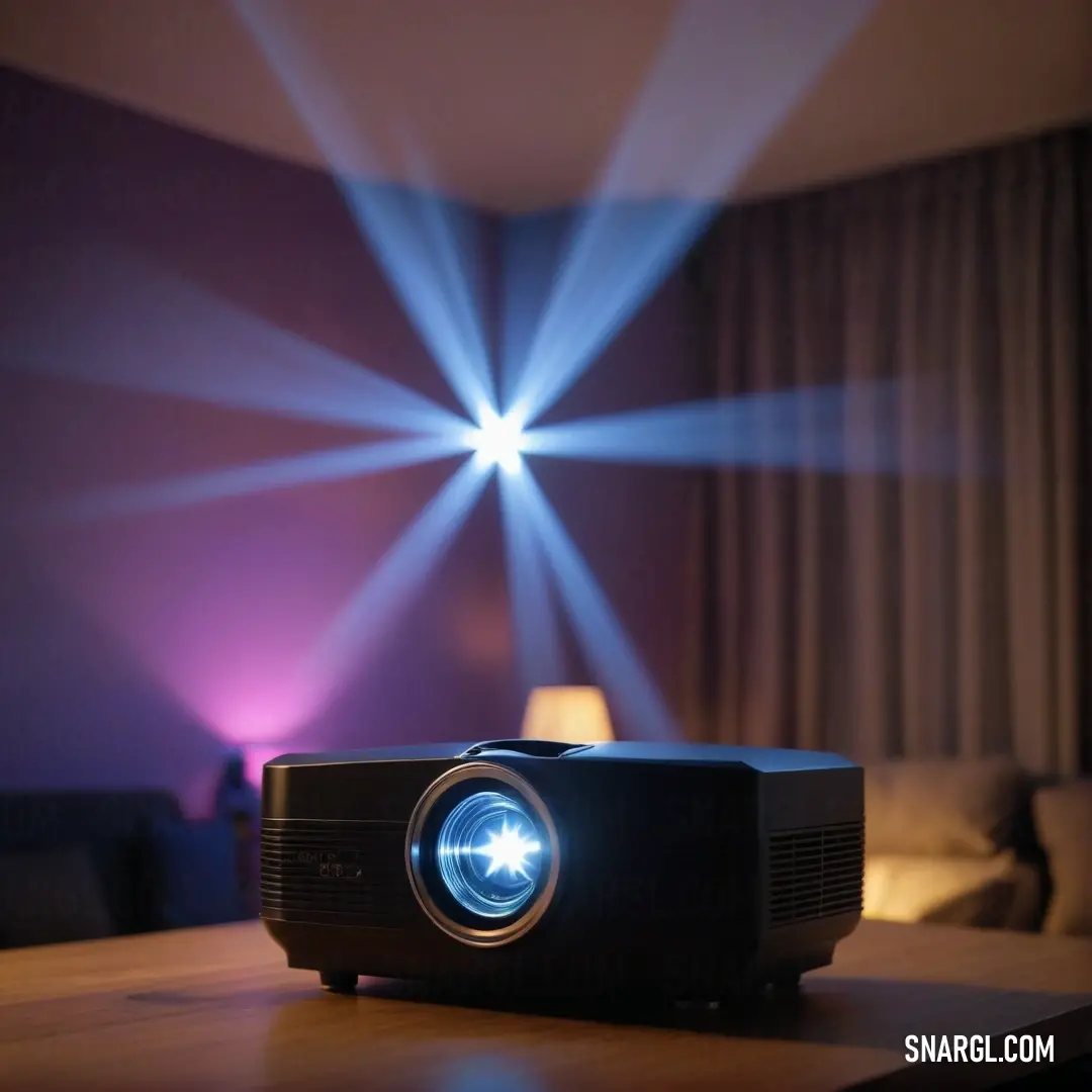 A sophisticated projector gleams on a contemporary table, with warm light cascading from its side, while a stylish lamp enhances the room's modern aesthetic, perfect for an evening entertainment setup.