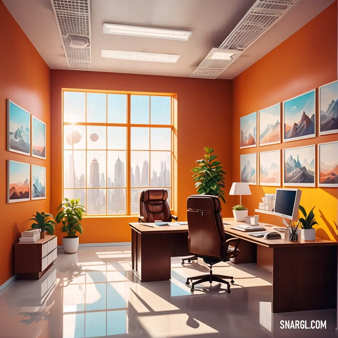 A cozy room thoughtfully designed with a comfortable desk, a chic chair, and a window showcasing a mesmerizing city view. The soft color tones of the decor create a warm and inviting atmosphere, ideal for productivity and comfort.