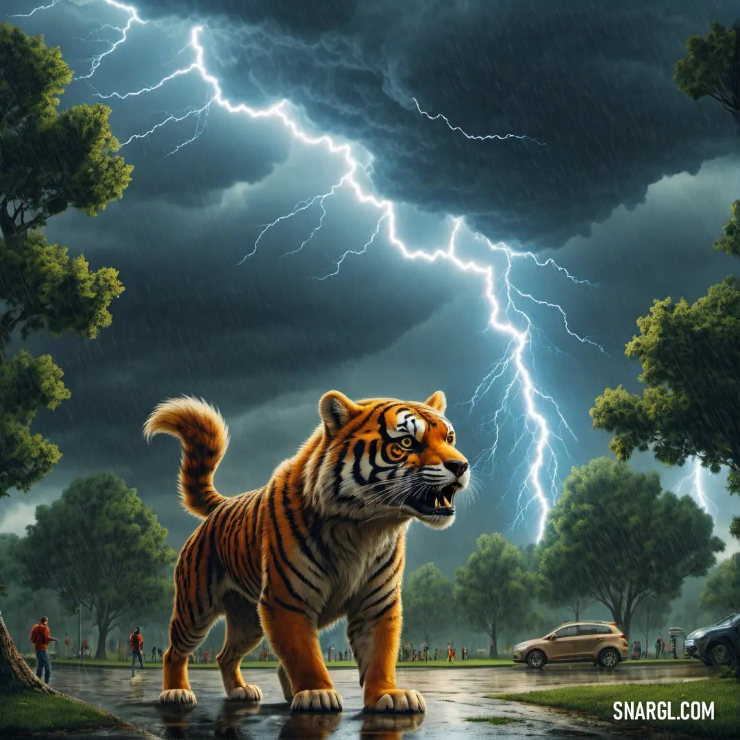 A majestic tiger strides through a lush landscape, raindrops glistening on its fur as bolts of lightning flash in the dark sky, illuminating the serene but powerful presence of this wild creature.