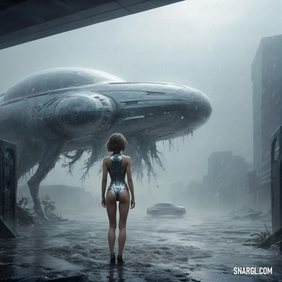 A confident woman in a bathing suit stands before an enormous alien ship, which looms over the cityscape. The futuristic vehicle contrasts with the modern cars and buildings below, all bathed in the unique NCS S 1030-B70G color.