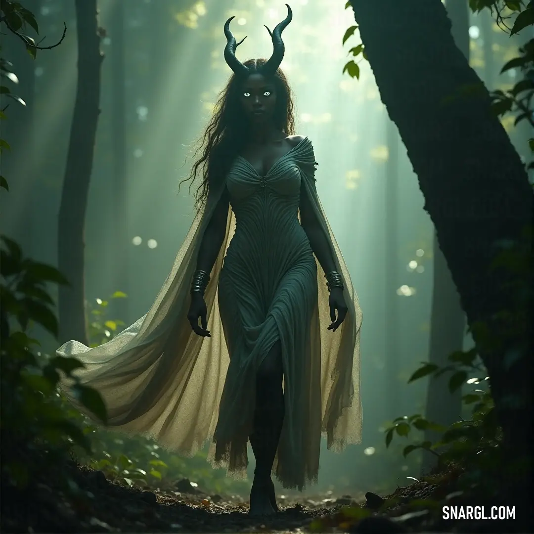 A radiant woman in a flowing dress accentuated with horns and a graceful cape stands amidst a sunlit forest, where dappled light dances through leaves, and the ambiance is tinted with calming color #AFEBD6.