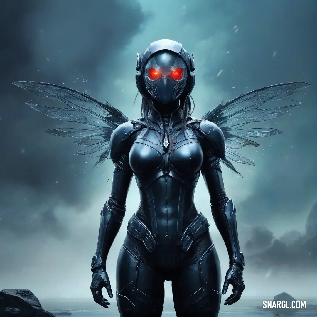 A striking figure of a woman clad in a futuristic suit stands majestically in the snow, her red eyes and wings contrasting beautifully against the dark sky. This captivating scene evokes visions of fantasy and adventure in a serene, wintry landscape.