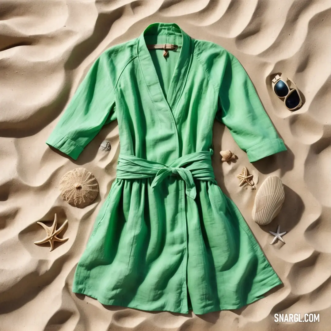 Green robe and sunglasses on a sandy beach with sand and shells around it. Example of #AAEAC6 color.