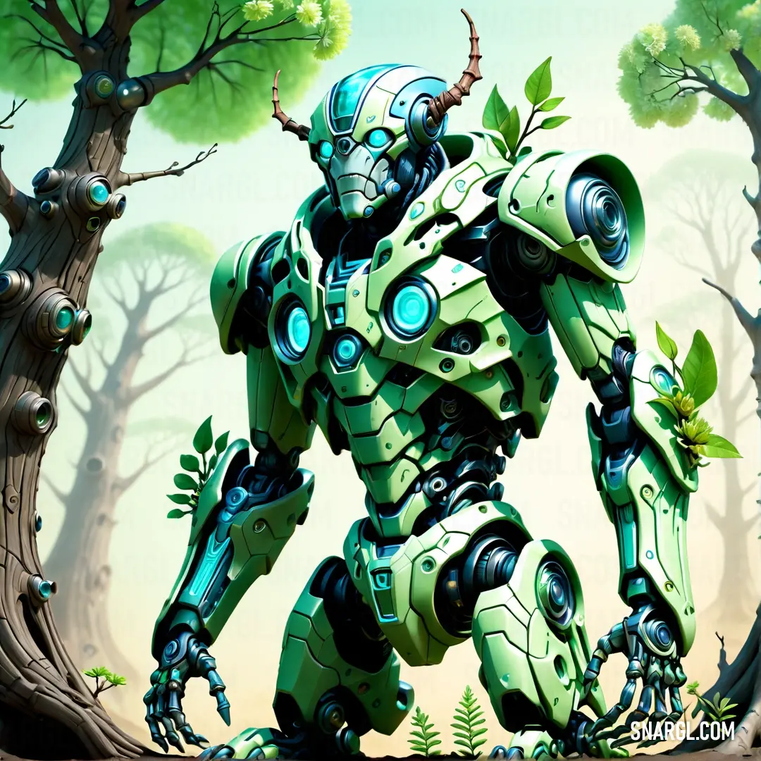 NCS S 1030-B90G color. Robot that is standing in the dirt near a tree trunk and a tree trunk with a plant growing out of it